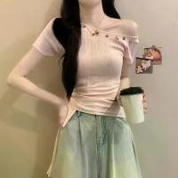 ราคา Short Off-Shoulder Ribbon Short Sleeve Top for Women Summer Bohemian Ethnic Style Unique Beautiful Waist-Tightening T-Shirt (1733060592365241475)