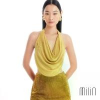 ราคา [MILIN] Draped Halter neck open back with Milin crystal M logo Top เสื้อคล้องคอจับจีบเปิดหลังแต่งโลโก้คริสตัลโลโก้ตัว M / Belladonna Top 42 Total Package (1732624559022441930)