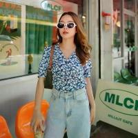 ราคา MyWay Brand: Top Turquoise Flower Shirt with Flowers and High Waist Design (1733040806270502663)