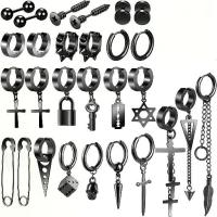 ราคา ต่างหูไม้กางเขนสีดำ, แฟชั่นผู้ชาย, 28 ชิ้น, วัสดุสแตนเลส, ต่างหูห่วงเจาะจี้โซ่ยาว, ไม่รวมอัญมณี (1732967295283922381)