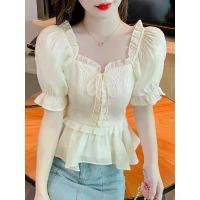 ราคา เสื้อเก๋ไก๋ฤดูร้อน ดีไซน์สวย เอวแน่น สไตล์ฝรั่งเศส เสื้อชีฟองผู้หญิงแขนสั้น 2024 ดีไซน์เฉพาะ มาใหม่ เสื้อ ไหมพรม chamnii (1732820149493794106)