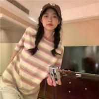 ราคา Vintage Striped Round Neck Short Sleeve T-Shirt New 2025 Women's Summer Korean Style Loose Slimming Student Top Trendy (1733281071386888005)