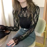 ราคา Half High Collar Layered Lace Base Shirt for Women, Polka Dot Spring and Autumn New Fashion Long Sleeve Stylish Mesh Top (1733591428697196357)
