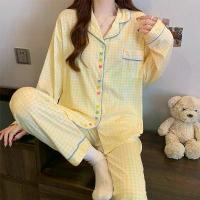 ราคา Minimalist Yellow Check Design Heart Pattern Women's Pajamas Spring New Long Sleeve Thin Turn-Down Collar Homewear Set (1733224559666890091)