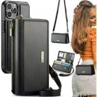 ราคา CaseMe เคส iPhone 15 Pro กระเป๋าสตางค์ Crossbody 2-in-1 ถอดออกได้ ปิดกั้น RFID ที่ใส่บัตร 10 ช่อง สำหรับผู้หญิง ทำจากหนัง PU สายรัดข้อมือ กระเป๋าซิป เข้ากันได้กับ iPhone 15 Pro 6.1" สีดำ (173283272450