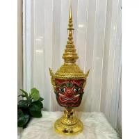ราคา ✻เศียรครู พระพิราพครองเมือง ขนาดครอบศรีษะ งานกระดาษ ปิดทองเค ประดับเพชรคริสตัล พร้อมฐานไม้อัดสีแดงฟรี ของขวัญ khon mask♥ (1733678030752285915)