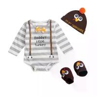 ราคา ชุดวันขอบคุณพระเจ้าครั้งแรกของทารก, ชุดรอมเปอร์ลายทาง, หมวกไก่งวง, ถุงเท้า ผ้าไหม (1730033378000079851)