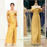 ราคา ชุดราตรียาวมีแขน SIZE L เปิดไหล่ ชุดไปงานแต่งกลางคืน ใส่แล้วไม่อ้วน PK012-GLD สีทอง ผ้าไหมพรีเมี่ยม (1733913666068514316)