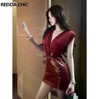 ราคา เดรสหนังเย็บติดกันทรงเข้ารูปสำหรับผู้หญิง สีแดง สไตล์วินเทจ คอวี แขนกุด ทรงเข้ารูป แต่งระบาย ช่วงเอวเว้า ชุดมินิเดรสสำหรับงานปาร์ตี้และไนท์คลับ (1734240453913118284)
