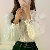 ราคา เสื้อเชิ้ต สไตล์เกาหลี ฝรั่งเศสเก๋ไก๋ เรียบหรู ลูกไม้ คอวี เย็บระบาย ทรงหลวม ลำลอง แขนพัฟ (1732804444395963980)