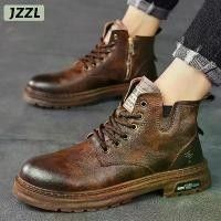 ราคา JZZL รองเท้าบูท Martin กลางแจ้งสำหรับผู้ชาย,รองเท้าหนังอินเทรนด์ย้อนยุคสไตล์อังกฤษ Sepatu BOOT Pendek หุ้มข้อส้นสูงผูกเชือก (1733969258042393863)