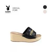 ราคา Playboy Wedge shoes รองเท้าส้นสูง(ส้นเตารีด) รหัสST-H251C1205-BK ดีไซน์สายคาดบุนวมติดอะไหล่ทอง (1732713903572681871)