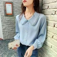 ราคา Blue Shirt for Women 2026 Spring New Long Sleeve Chiffon Blouse Lace Trim Doll Collar Beaded Pullover Shirt (1733988475412383065)