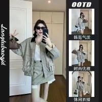 ราคา Vintage houndstooth color-blocked loose-fit work jacket and high-waisted pencil skirt two-piece set for women in early autumn (1734356253499229654)