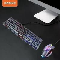 ราคา [จัดส่งทันที] 【Shipping from Bangkok 】Basike keyboard + mouse set gaming keyboard office wired keyboard 1.3m keyboard kit rainbow fire keyboard free Thai keyboard stickers (1734126391784932608)