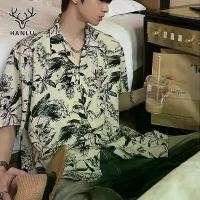 ราคา Hanlu Men's Shirts Korean Men's Shirts Men's Long Sleeve Shirts Men's Shirts, Short Sleeve Shirts, Ink Print, Thai Floral Shirts, Summer Beach Shirts (1733766917612274950)