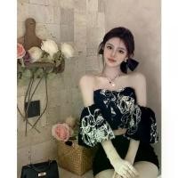 ราคา Ink Print Off-Shoulder Blouse Women Puff Sleeve Short Chiffon Short Sleeve Top Trendy (1734225117361308727)