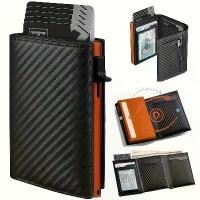 ราคา Fashion Pop-up Wallet Black Carbon Fiber + Orange Aluminum Credit Card Holder, Carbon Fiber Ultra-fiber Faux Leather Slots and RFID Blocking Metal Bank Card Case Coin Purse, Suit (1733821966878016987)