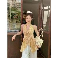 ราคา French-style V-neck halter neck sleeveless plaid tank top for women, summer irregular waist design, stylish and trendy top (1734357592956634441)