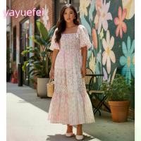 ราคา Women Long Dress Floral Print Square Neck Short Sleeve Dress Summer Fashion Casual Dress (1733955439081326010)