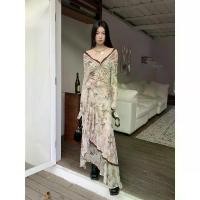 ราคา Women's Spring Dress with Unique Design, Butterfly Print, Long Sleeve, Off-Shoulder, Asymmetrical Hem, Long Dress (1733627883631314661)