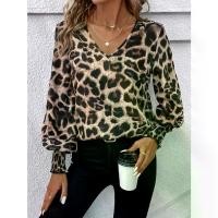 ราคา Women's Hot-Selling V-Neck Leopard Print Loose Long-Sleeve Casual Shirt Chiffon Blouse Top (1733351202346207185)