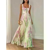 ราคา 2025 European and American Women's Fashion Spaghetti Strap Digital Print Pleated Floral Long Dress Elegant Dress (1733968323211789784)