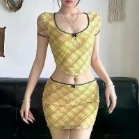 ราคา ( COD ) Rapcopter American Sweet and Spicy Plaid Print Square Neck T-shirt + Bodycon Skirt Slim Fit Short Skirt Hot Girl Set ช ุ ด แ ด ง (1733096997502093133)
