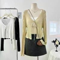 ราคา Hollow Out Hook Pattern Lace-Up Long Sleeve V-Neck Short Knitted Sun Protection Cardigan for Women Spring New Air Conditioning Cover-Up Top for Women (1733792297952249110)