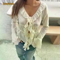 ราคา เสื้อผูกโบว์หน้า เสื้อเชิ้ตแขนยาวผู้หญิง เสื้อเบลาส์ Peplum แต่งระบาย คอวี (1733250866629477425)