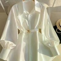 ราคา เสื้อเชิ้ตผู้หญิง สไตล์ฝรั่งเศส สีขาว ดีไซน์เรียบง่าย ใส่สบาย แขนยาว คอปกโปโล และคอปก หญิง เสื้อเบลาส์ (1731391322809337297)