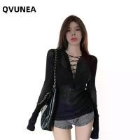 ราคา เสื้อถักนิตติ้ง สำหรับผู้หญิง แฟชั่น แขนยาว คอวีลึก ผูกไขว้ด้านหน้า เสื้อยืดกึ่งโปร่งแสง เสื้อเบลาส์ (1731297604678290333)