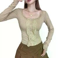 ราคา เสื้อลายนูน สำหรับผู้หญิง แขนยาว ลำลอง คอตัก สีพื้น ตัดแต่งลูกไม้ เสื้อยืด เสื้อเบลาส์ Women Clothing ผ้าแก้ว (1731418069473397629)