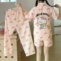 ราคา ชุดนอนคิตตี้น่ารักการ์ตูน, วัสดุผ้าไหมน้ำแข็งและหิมะฤดูร้อน, สำหรับผู้หญิง, เสื้อเชิ้ตแขนสั้นทรงหลวมสบาย ๆ , กางเกงขาสั้น, กางเกงขายาว, ที่คาดผม, พิมพ์ลายแมว KT, ชุดสี่ชิ้น, เหมาะสำหรับใส่ในบ้าน (1731