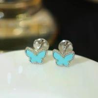 ราคา High-end four-leaf clover butterfly earrings. With blue turquoise and white pearl, 18k earrings, no fading, direct sale. (1734323534774044409)