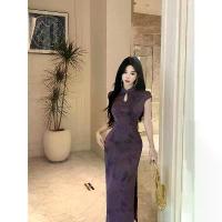 ราคา Purple Brightening New Chinese Style High-End Improved Printed Short-Sleeve Cheongsam 2025 Summer Elegant Long Style Lianshenglong (1733352080416801841)