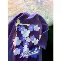 ราคา Purple Cotton T-Shirt for Women Summer Korean Version 2025 New Loose Mid-Length Design Print Ins Short Sleeve Top (1733278520624841985)
