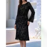 ราคา Women Long Sleeve Round Neck Black Floral Lace Elegant Midi Dress Spring Summer Fashion Casual Maxi Dress (1733194432927401424)