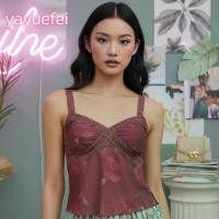 ราคา Women Lace Trim CamisoleFlower Print Sweetheart Neck Sleeveless Crop Sheer Mesh Tops Summer Streetwear (1733927093425505722)