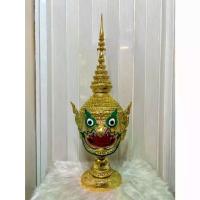 ราคา ♙เศียรครู หัวโขน พญาครุฑ ขนาดครอบศรีษะ งานกระดาษ ใส่ตาแก้ว ปิดทองเค ประดับเพชรคริสตัล พร้อมฐานไม้อัดสีแดงฟรี khon mask✼ (1733674865599939690)