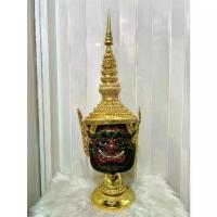 ราคา ⚘เศียรครู พระพิราพครองเมือง ขนาดครอบศรีษะ งานกระดาษ ใส่ตาแก้ว ปิดทองเค ประดับพลอย พร้อมฐานไม้อัดสีแดงฟรี khon mask♖ (1733678003887834740)