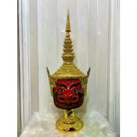 ราคา ✽เศียรเทพ หัวโขน พญาครุฑ ครุฑ ขนาดครอบ งานกระดาษ ใส่ตาแก้ว ปิดทองเค ประดับพลอย งานสวย แถมฐานไม้อัดสีแดงฟรี khon mask✬ (1733677999567045659)