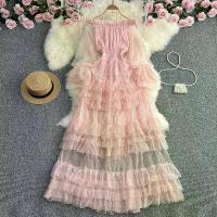 ราคา Sweet and Fairy Off-Shoulder Waist-Cinching Slimming A-Line Ruffled Tiered Mesh Dress Elegant Long Dress (1733133688629462800)