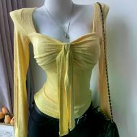 ราคา 2026 เสื้อยืดแขนยาวใหม่พร้อมแผ่นรองหน้าอก, รัดเอว, คอเหลี่ยม, คอต่ำ, ริบบิ้น, เสื้อยืดยาวทรงเข้ารูปสำหรับผู้หญิง (1734101684903315231)