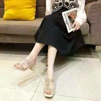 ราคา Korean Style Fashion Rhinestone Sandals For Women Summer Mid-Heel Chunky Heel Trendy New Summer Rhinestone High Heels For Women (1733873173340390757)