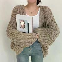 ราคา South Korea Autumn Lazy Style V-Neck Versatile Loose Casual Solid Color Lantern Sleeve Knitted Cardigan Sweater Coat for Women (1733050690679833899)