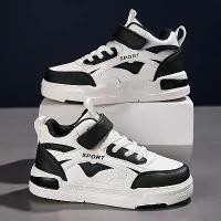 ราคา Boys' High-Top Basketball Sneakers - Black & White Color Block Design, Closure, Durable Rubber Sole, Comfortable Casual Sneakers for Youngsters (1733647989372717028)