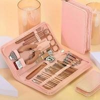 ราคา Luxurious Nail Care Set Pink Professional Manicure Set with Travel Box Includes tools for trimming facial, hand, and toe nails. High-carbon steel knife, classic style, metal knif (1734011793856431446)