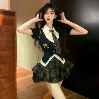 ราคา 2025 Korean Style College Style Fake Two-Piece Polo Collar Top Plaid Skirt JK Set (1733236541584672505)