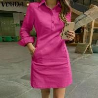 ราคา VONDA Women's Fashion Turn-Down-Collar Versatile Leisure Solid Shirtdress Mini Dresses (Korean Causal) (1732984418076165788)